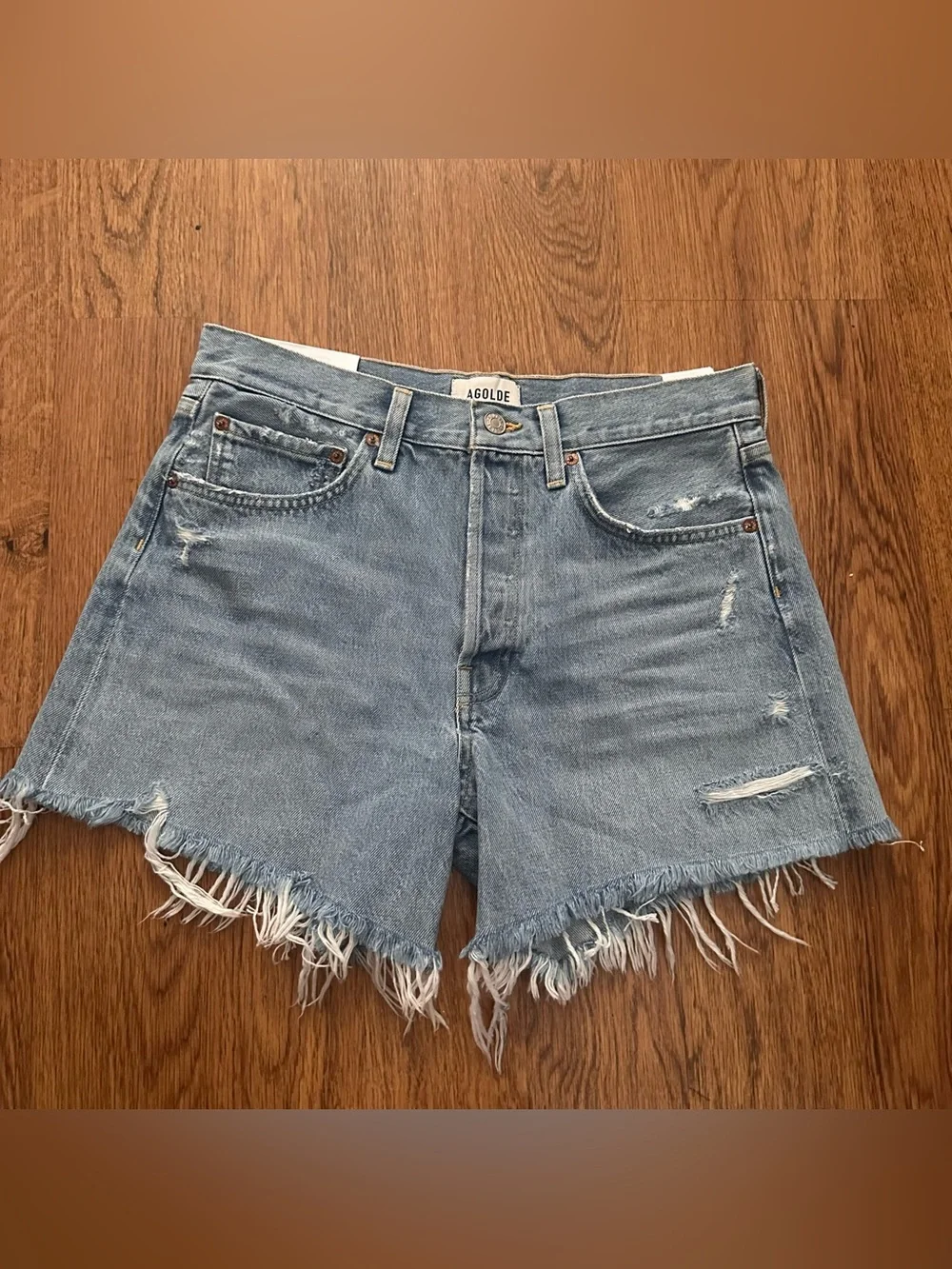AGOLDE Light Denim Frayed Hem High-Rise Jean Shorts 27 Parker Long loose fit